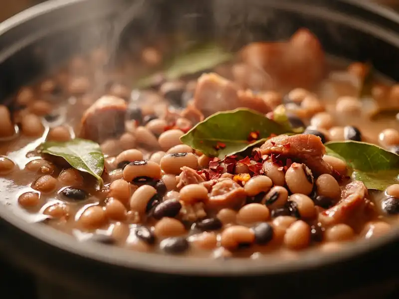 A pot of black-eyed peas simmering with bay leaves, garlic, and red pepper flakes.