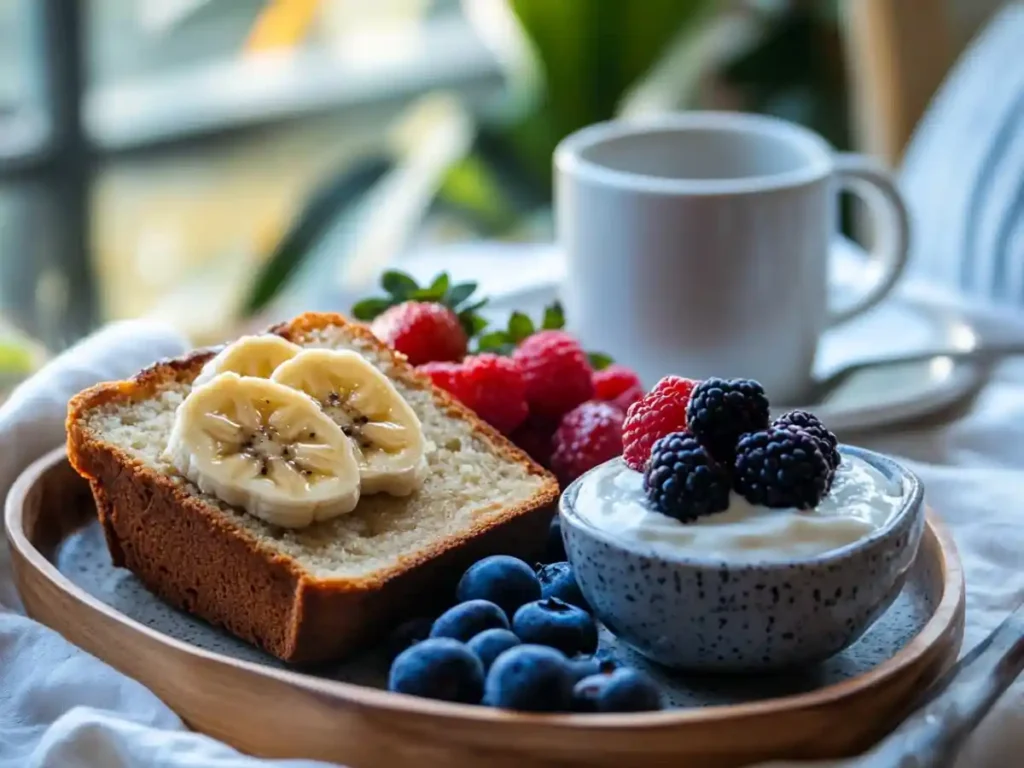 A slice of sourdough banana bread topped with banana slices, served alongside a bowl of yogurt and fresh berries on a breakfast tray.