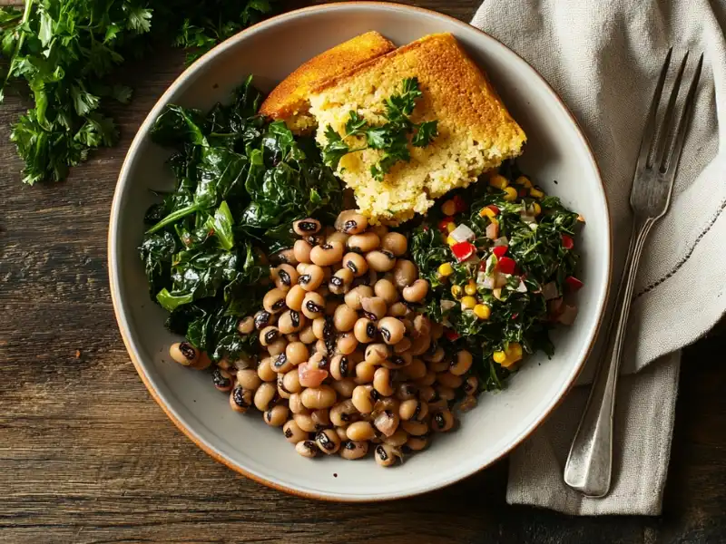 A plate of black-eyed peas served with cornbread, sautéed greens, and a vibrant salad.