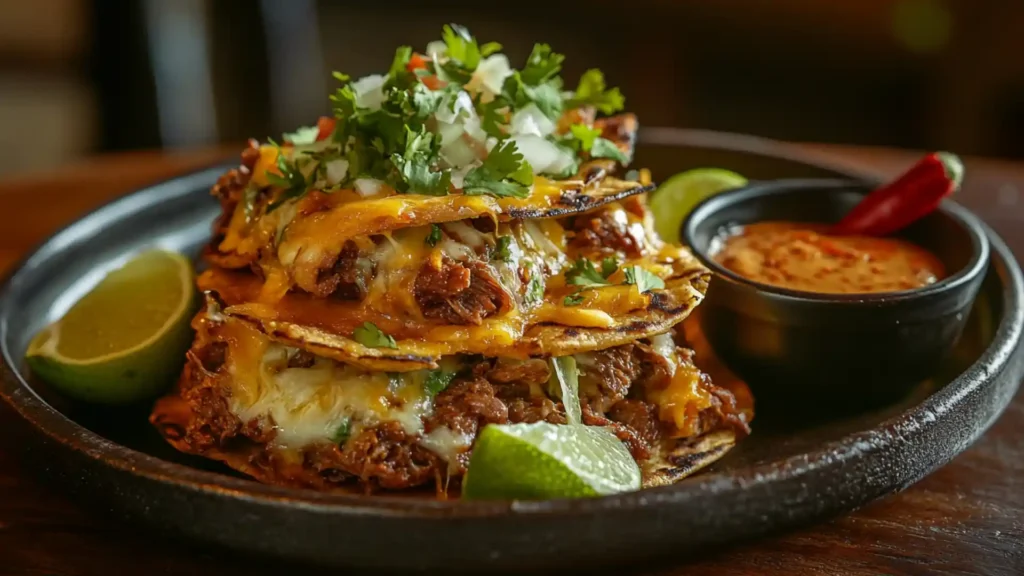 Layered birria tacos stacked high with melted cheese, tender beef, and garnished with fresh cilantro, served with lime wedges and dipping sauce.