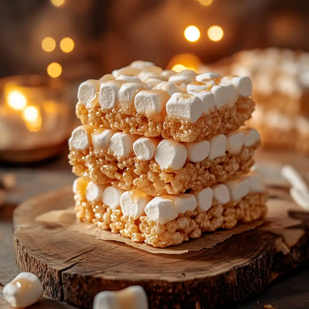 Three stacked Rice Krispie Treats topped with marshmallows, set on a wooden table with festive lights.