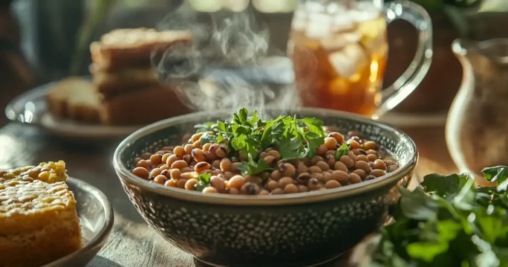 A steaming bowl of black-eyed peas garnished with parsley, served alongside cornbread.