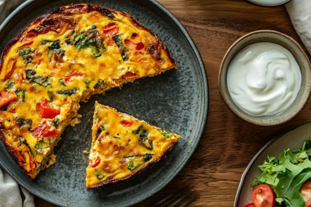 A colorful veggie-loaded chicken quiche on a black plate with a side of yogurt and greens.