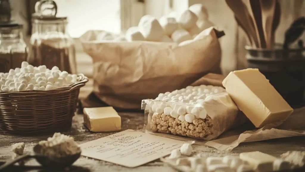 A rustic kitchen setup with Rice Krispies cereal, marshmallows, butter, and a handwritten recipe card.