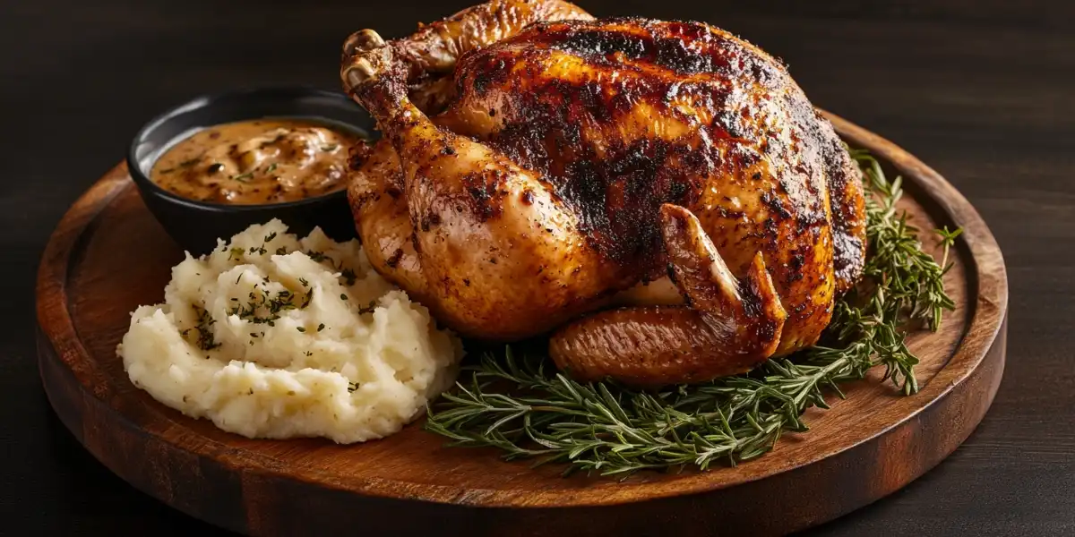 A whole roasted chicken on a wooden platter with mashed potatoes, gravy, and fresh herbs.