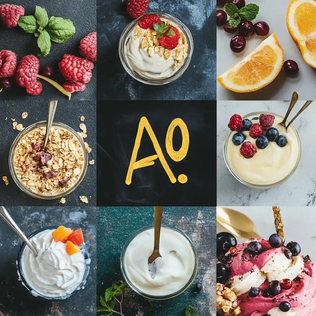 A collage of yogurt-based desserts, including bowls of yogurt with granola, fruit, and creative garnishes.