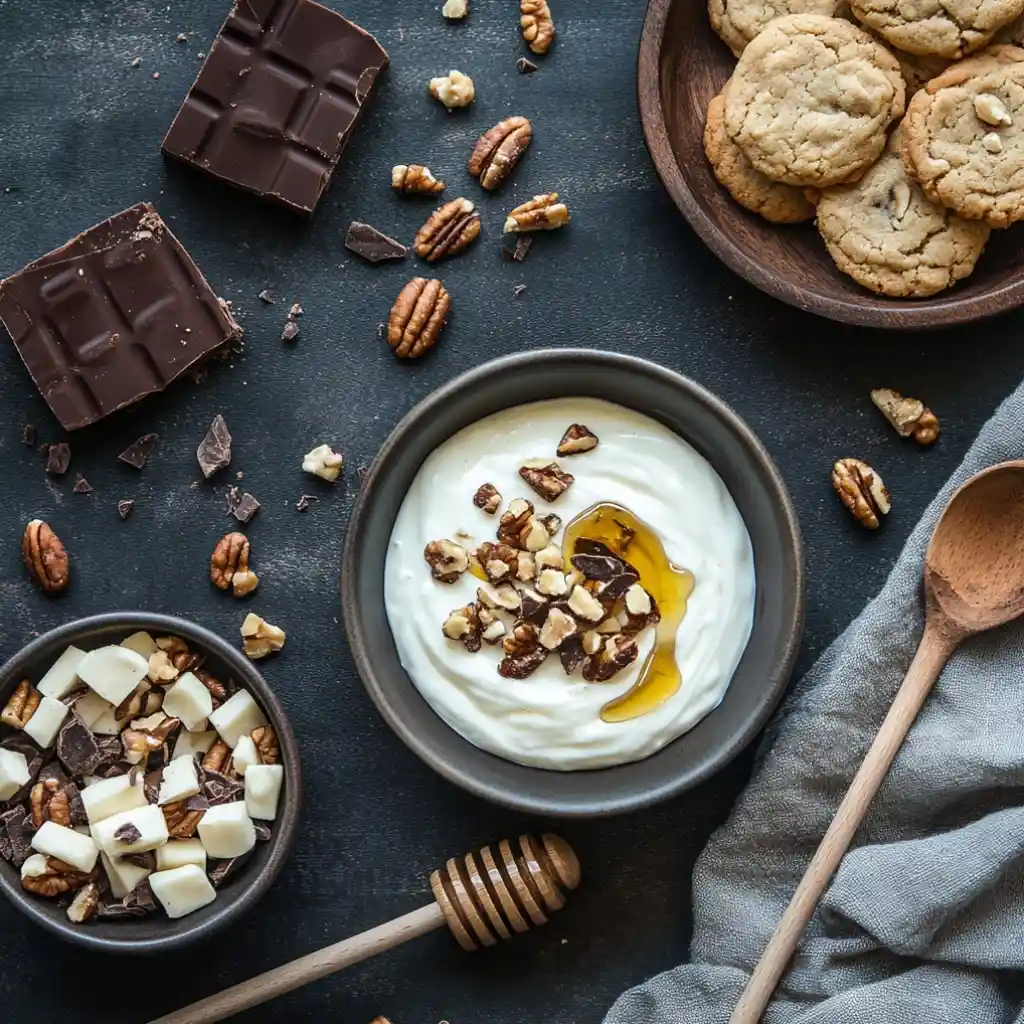 A bowl of yogurt topped with honey and chopped nuts, surrounded by chocolate pieces, cookies, and wooden utensils.