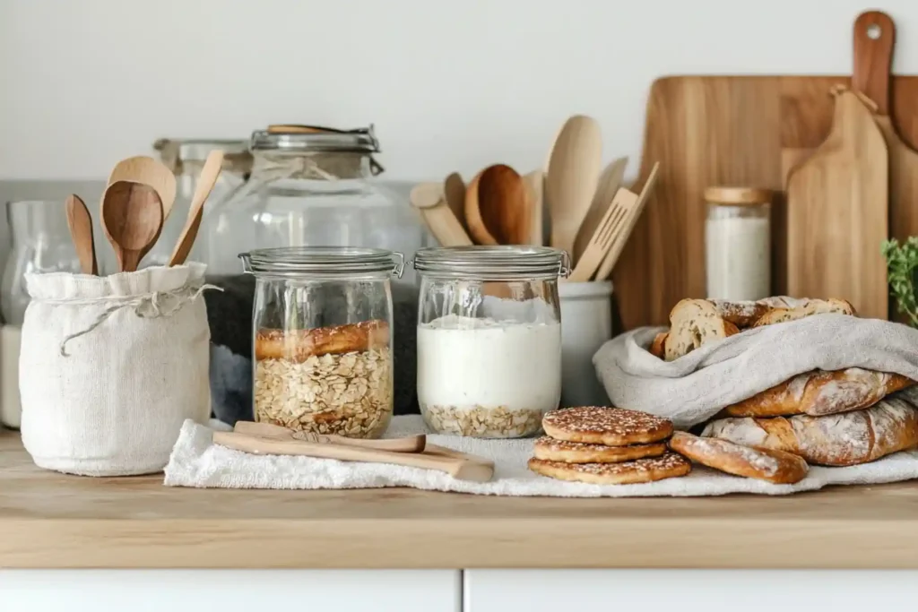 A zero-waste kitchen setup featuring jars of sourdough discard, homemade yogurt, freshly baked bread, and wooden utensils.