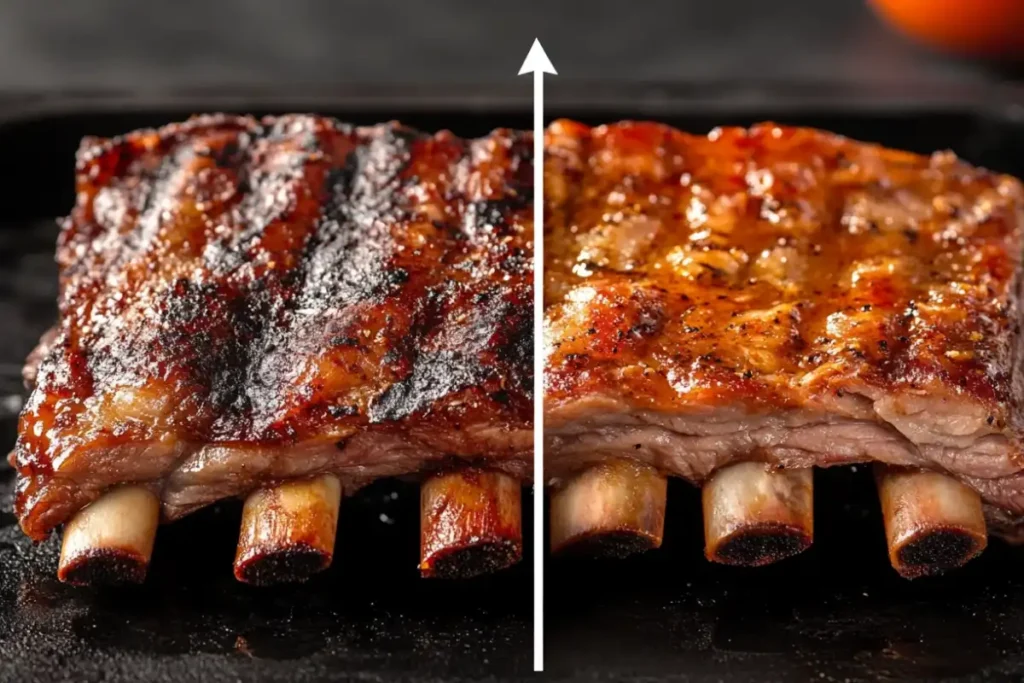 A close-up comparison of grilled ribs, showcasing a charred side versus a juicy, perfectly cooked side.