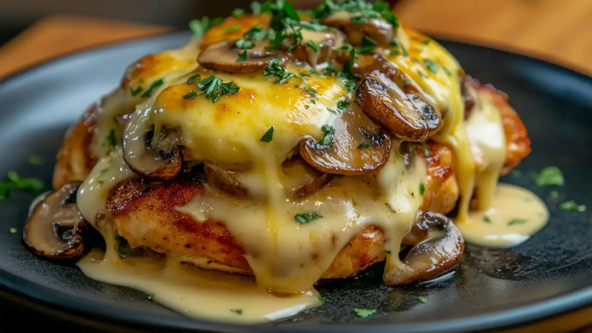 Alice Springs Chicken plated with golden melted cheese, mushrooms, and parsley on a black plate.