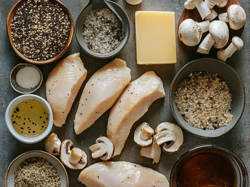 Ingredients for Alice Springs Chicken recipe, including chicken breasts, mushrooms, cheese, olive oil, spices, and honey mustard sauce, neatly arranged on a countertop.