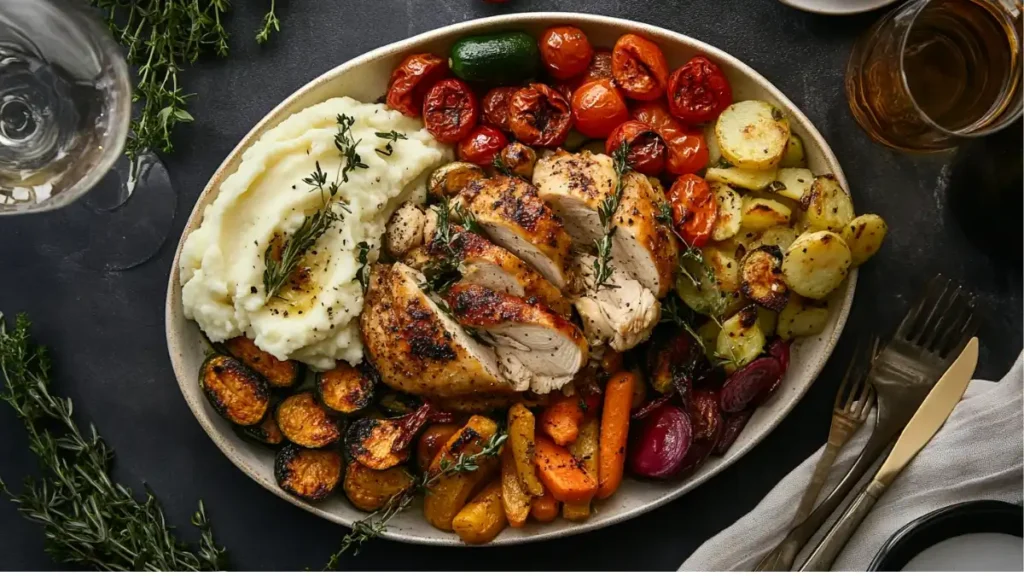 Alice Springs Chicken served with mashed potatoes, roasted vegetables, and garnished with fresh thyme on a dinner plate.