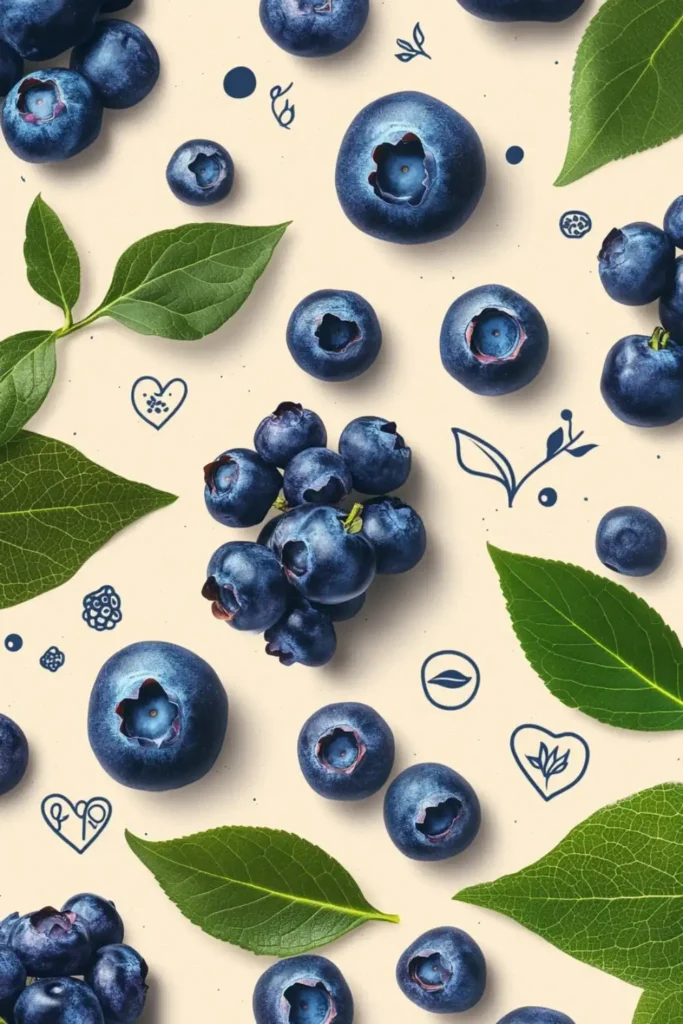 A creative arrangement of fresh blueberries and leaves with decorative doodles on a light background.