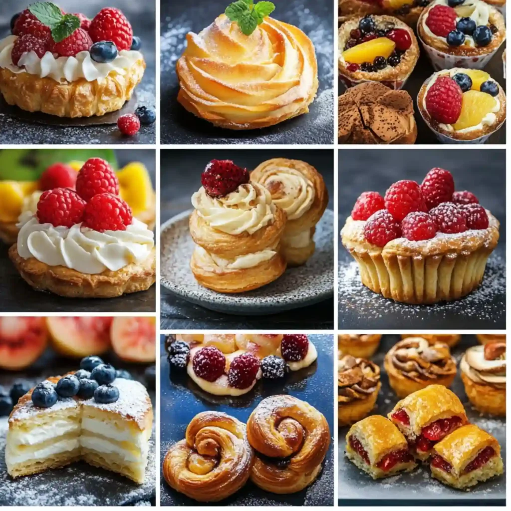 A variety of mini desserts, including fruit tarts, cream-filled pastries, and chocolate treats, arranged in a collage.