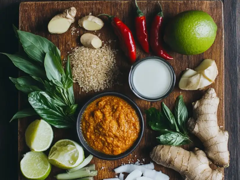 Fresh Thai red curry ingredients including ginger, basil, red chilies, lime, garlic, and coconut milk.