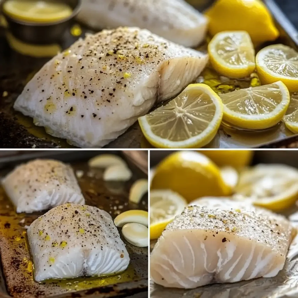 Freshly baked cod fillets seasoned with black pepper and olive oil, served with lemon slices on a baking tray.