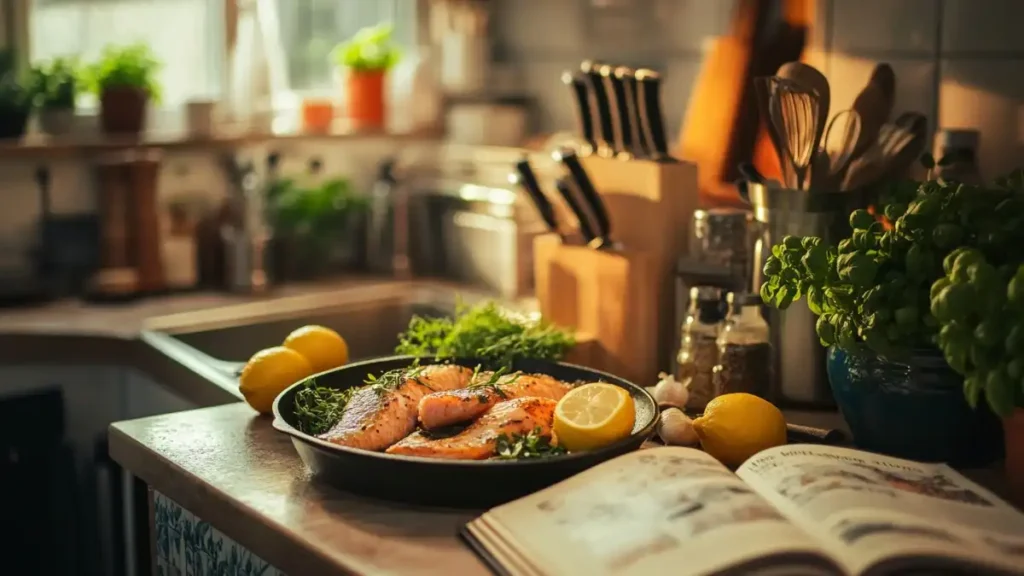 A rustic kitchen counter with baked steelhead trout garnished with lemon slices and fresh herbs.