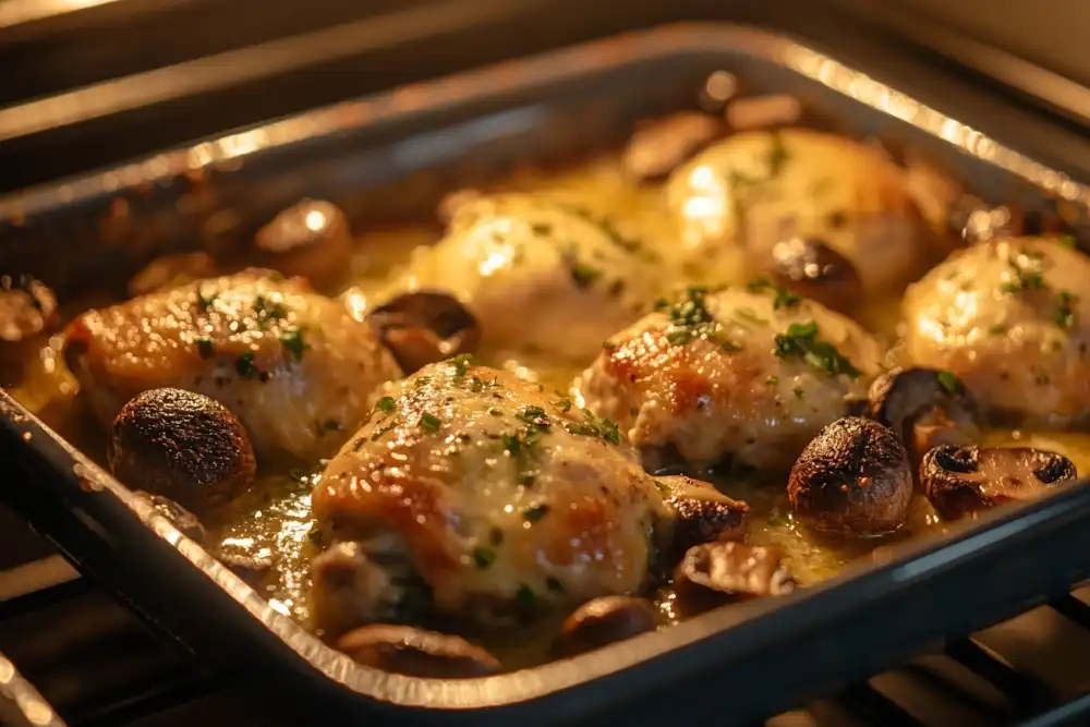 Chicken breasts topped with mushrooms, cheese, and sauce baking in the oven with golden melted cheese and herbs.