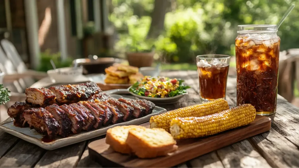 A barbecue feast featuring ribs, corn, and iced tea on an outdoor table.