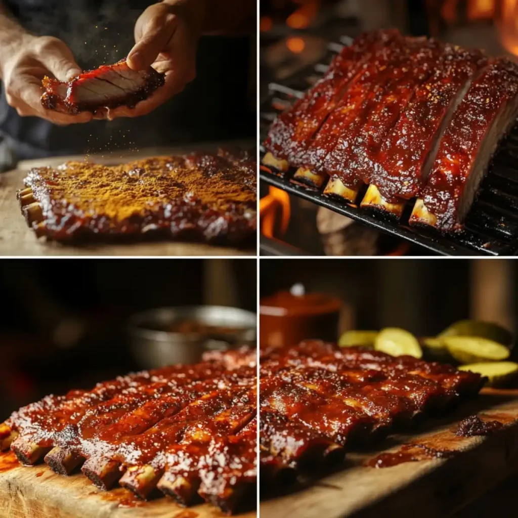 Close-up of juicy BBQ ribs being prepared and grilled to perfection