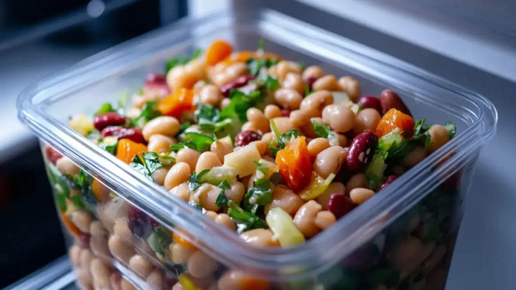 Mixed bean salad stored in a clear container, ready for meal prep.