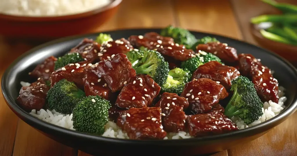 Tender beef strips in a savory sauce with fresh broccoli florets, served over white rice, garnished with sesame seeds.