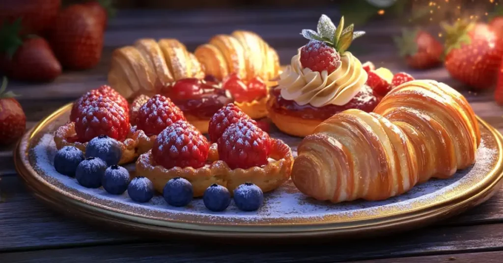 Plate of berry tarts and croissants with fresh raspberries, blueberries, and cream swirls, dusted with powdered sugar.