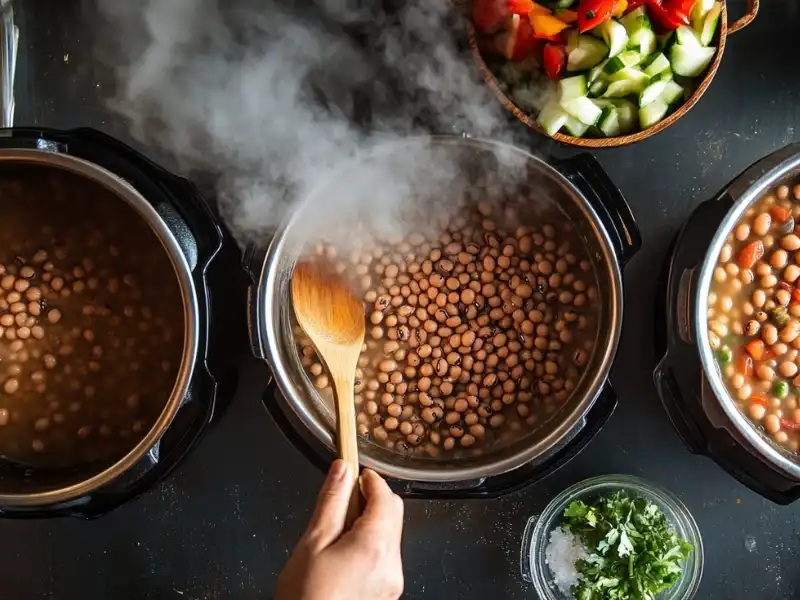 Cooking black-eyed peas in three pots with steam rising and a hand stirring with a wooden spoon.