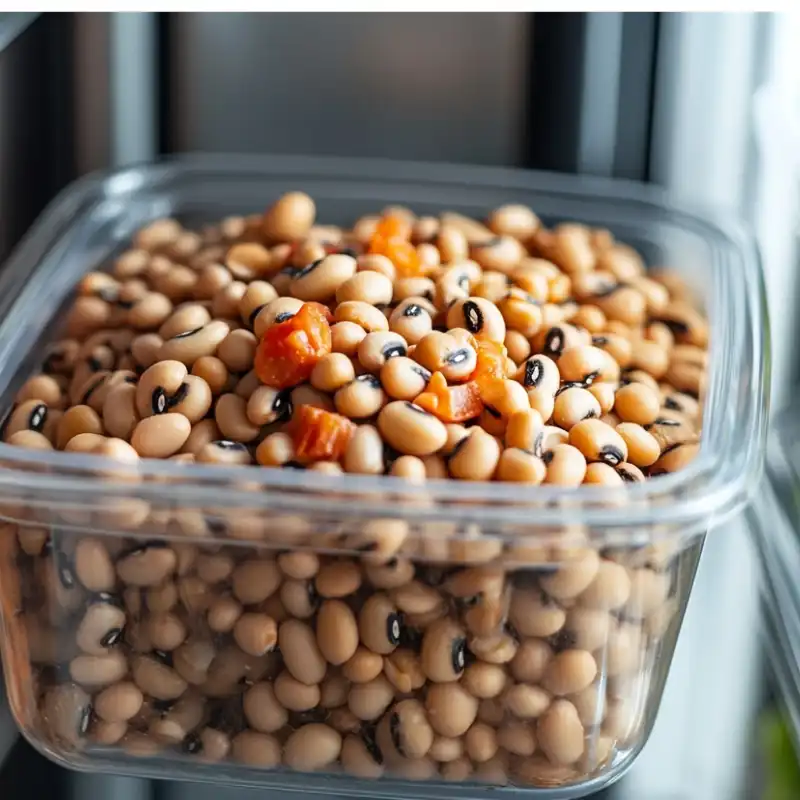 Cooked black-eyed peas stored in a clear airtight container for freezing.