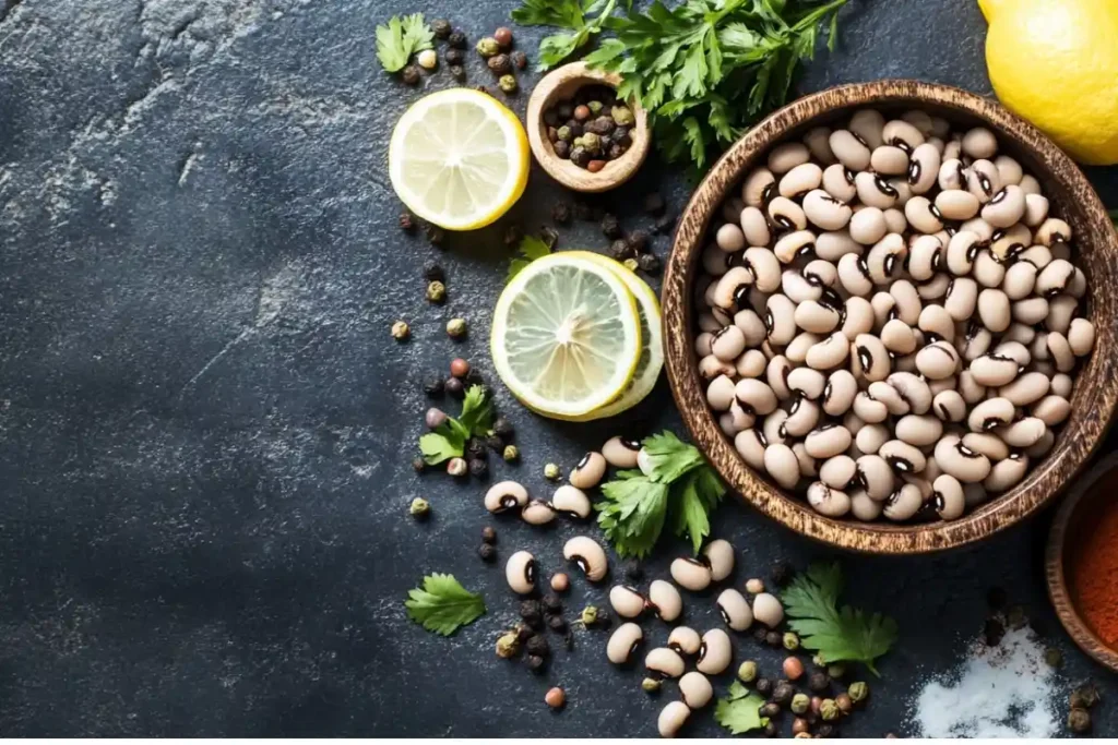 A bowl of uncooked black-eyed peas surrounded by parsley, lemon slices, and spices.