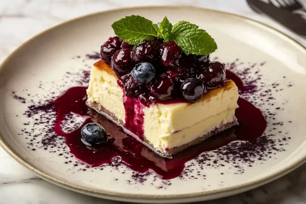 Slice of blueberry cheesecake topped with fresh blueberries and mint leaves, drizzled with blueberry sauce.