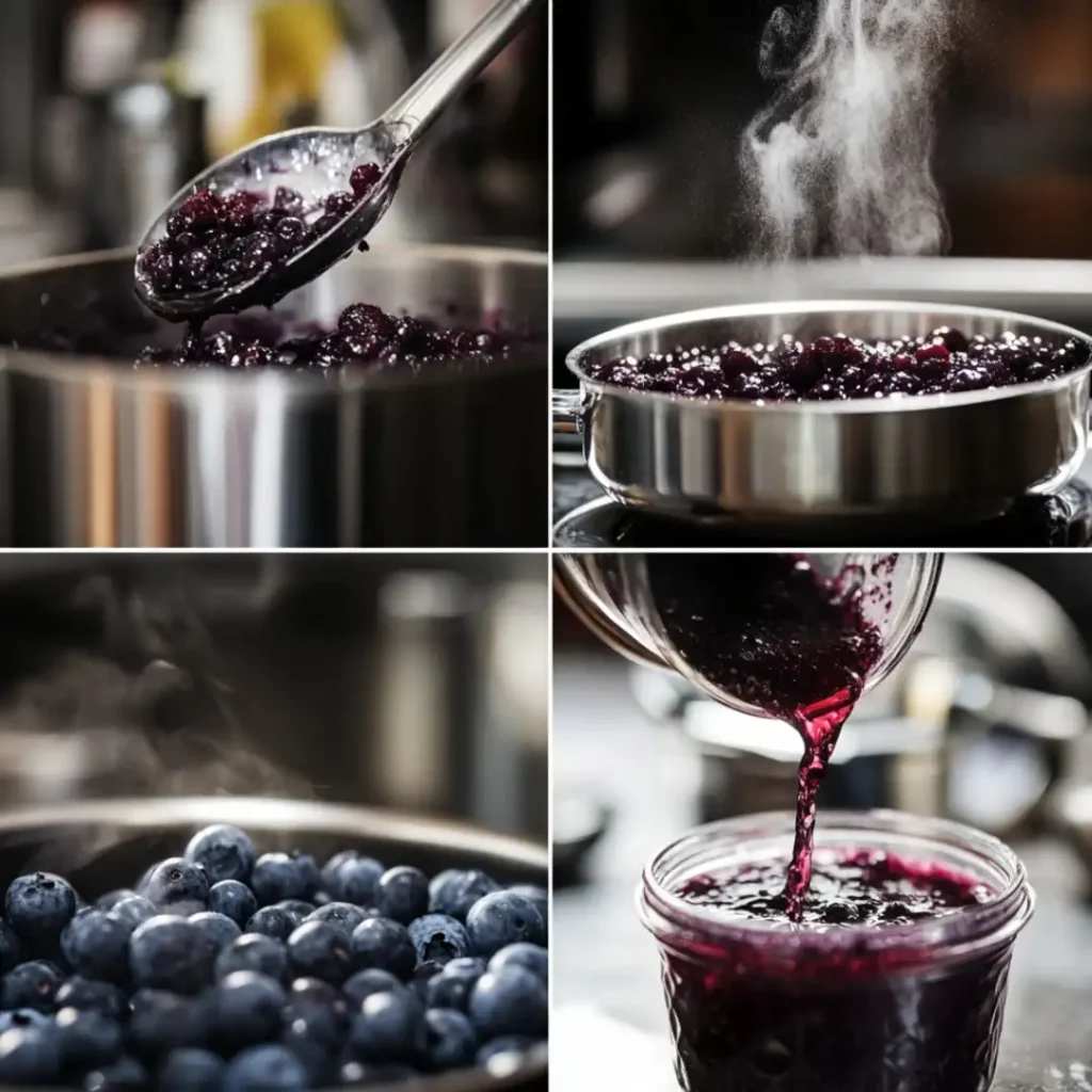 Close-up of blueberry jam cooking in a stainless steel pot with steam rising.
