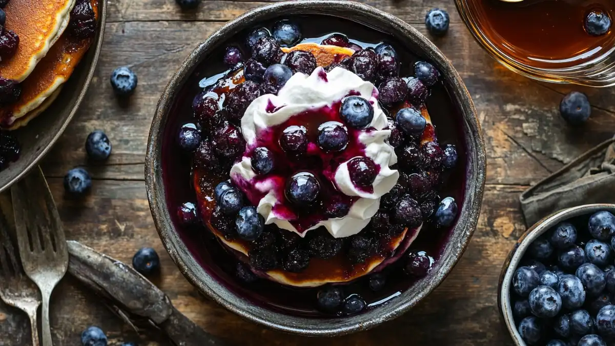 Pancakes topped with blueberry compote, whipped cream, and fresh blueberries on a rustic table.