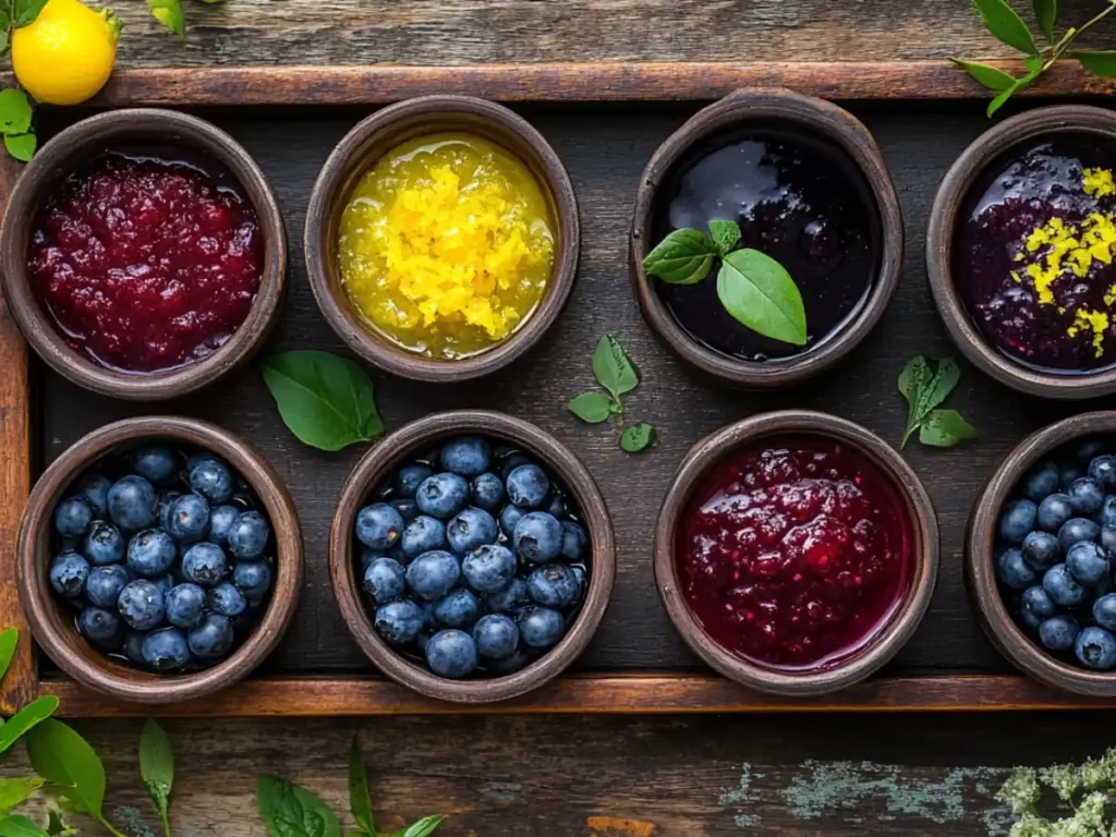 Wooden tray displaying bowls of blueberry toppings and preserves alongside other fruit spreads.