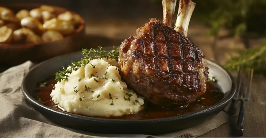 Grilled bone-in shank with mashed potatoes and fresh thyme, served with a rich sauce.