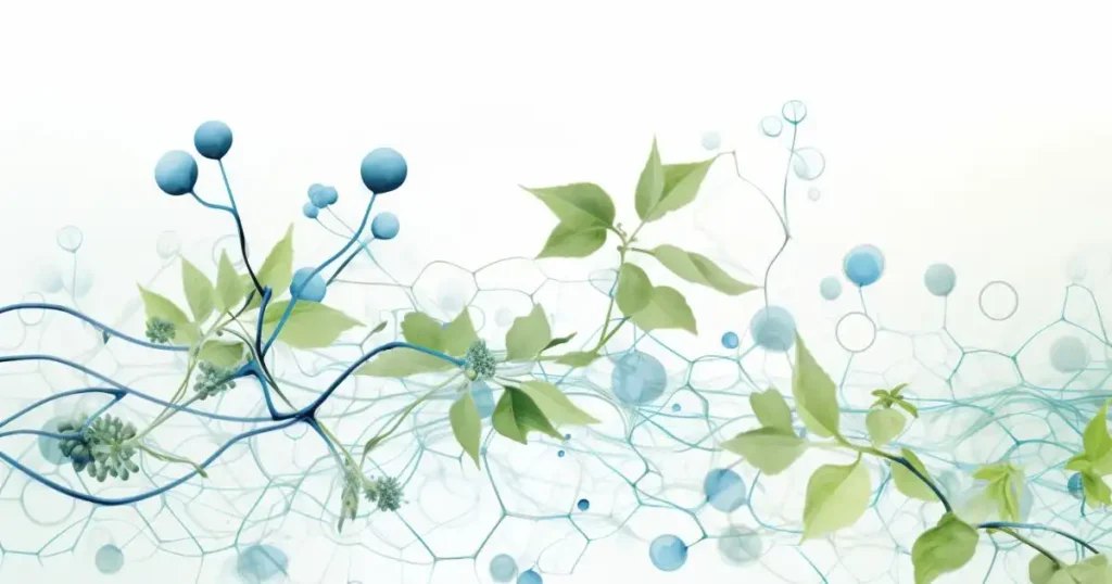 Artistic depiction of botanical leaves and molecular structures, combining nature and science.