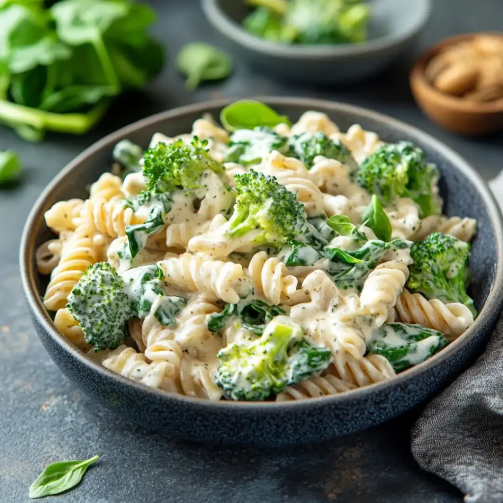 A bowl of pasta with Alfredo sauce, broccoli, spinach, and rotini pasta, garnished with fresh herbs.