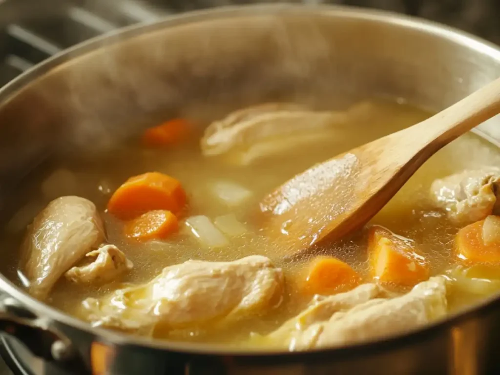 A pot of simmering Caldo de Pollo with tender chicken pieces, carrots, and onions being stirred with a wooden spoon.