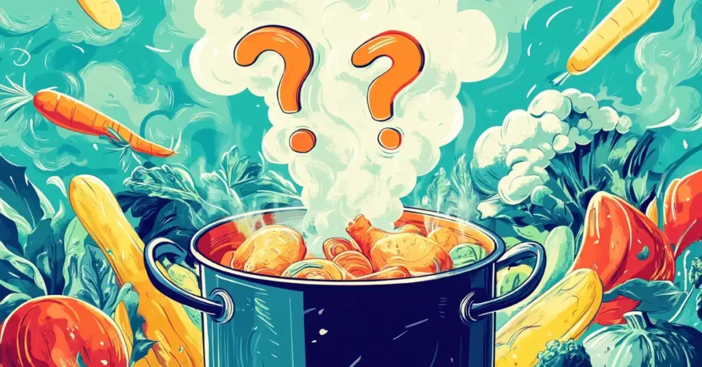 Illustrated pot of Caldo de Pollo with steaming question marks surrounded by fresh vegetables like carrots, tomatoes, and celery.