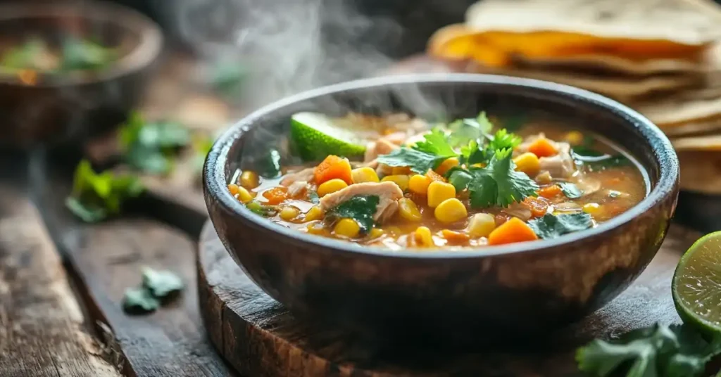 Steaming bowl of Caldo de Pollo garnished with cilantro and lime, served with tortillas on a rustic wooden table.