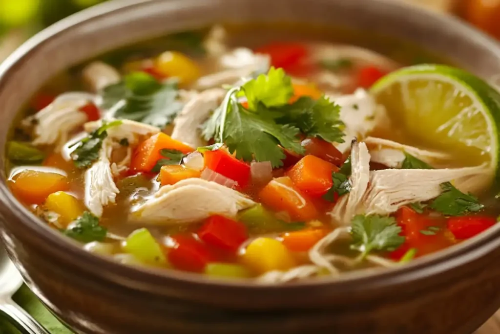 A close-up of a bowl of Caldo de Pollo garnished with cilantro, lime, and vibrant vegetables like carrots, zucchini, and corn.