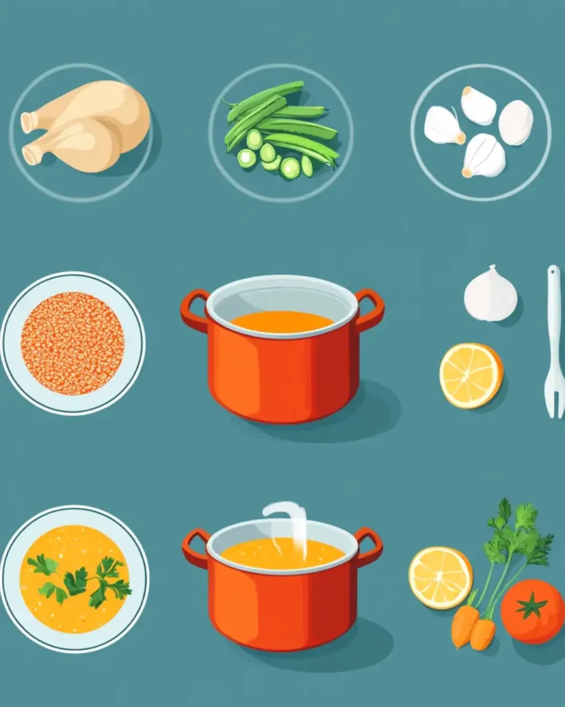 Infographic showing the steps to make Caldo de Pollo, including preparing chicken, simmering broth, and adding vegetables.