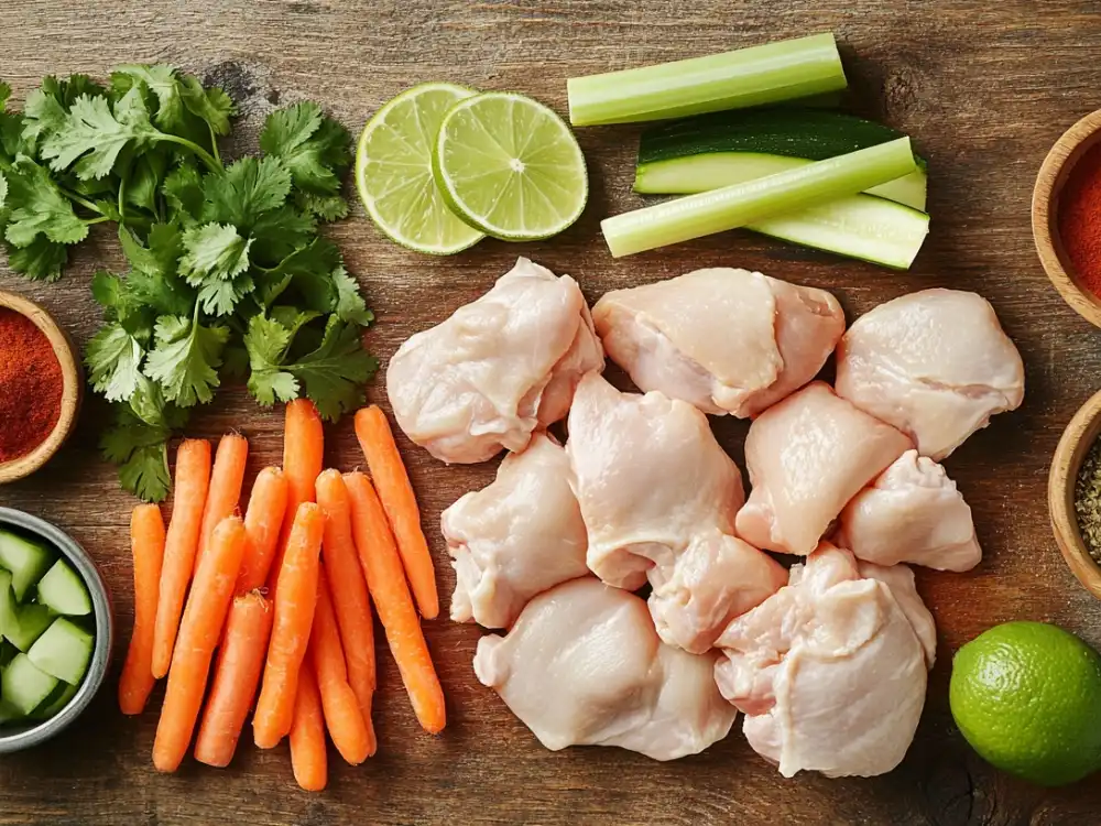 Flat lay of fresh ingredients for Caldo de Pollo, including chicken pieces, carrots, zucchini, cilantro, lime, and spices on a wooden table.