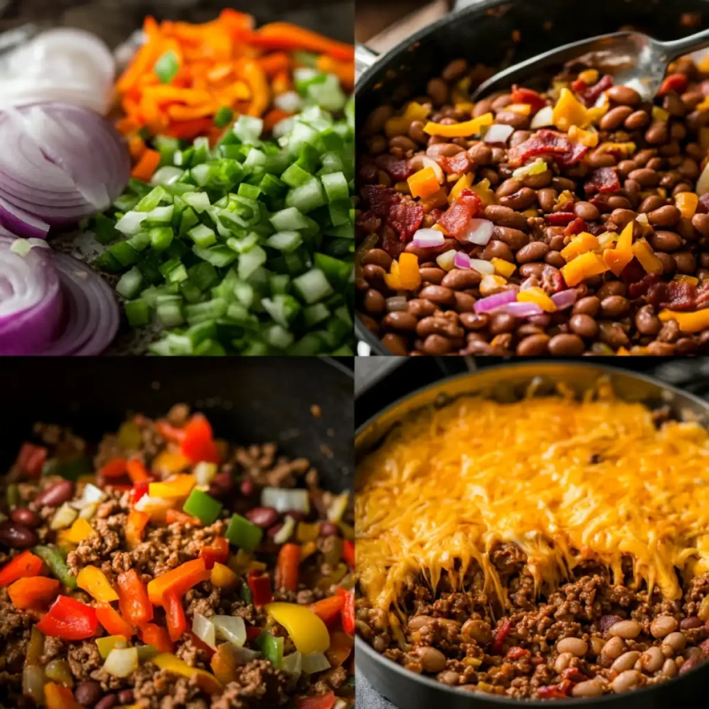 Step-by-step preparation of Calico Beans with beans, ground beef, and veggies.