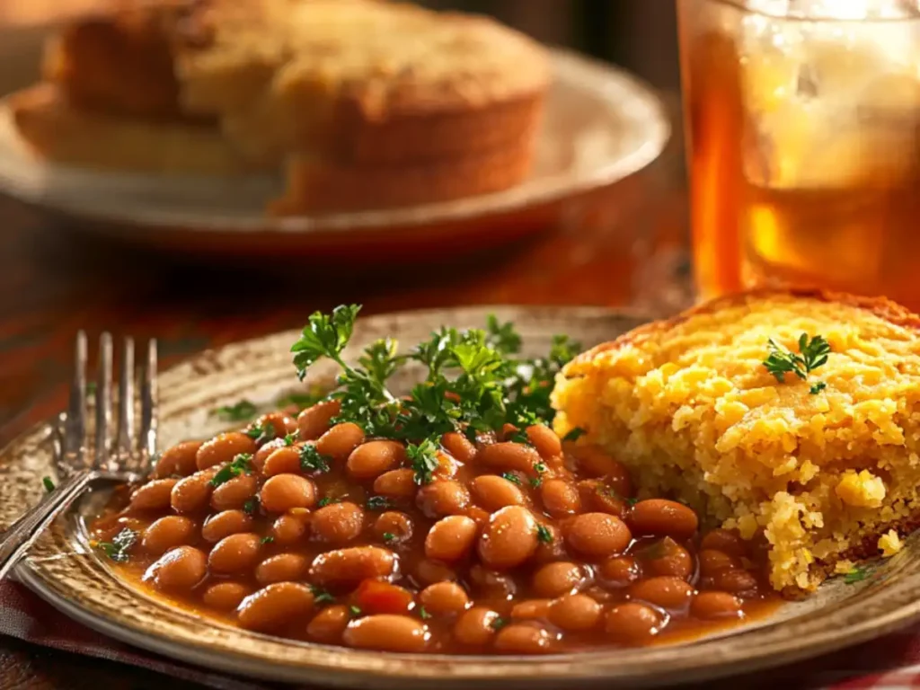 Calico Beans served with freshly baked cornbread, garnished with parsley.