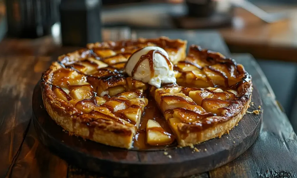 Caramelized apple tart with a scoop of vanilla ice cream and caramel drizzle.