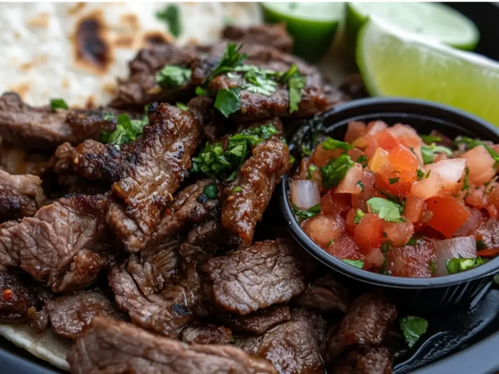 Juicy carne asada served with fresh tomato salsa and lime wedges on a tortilla.