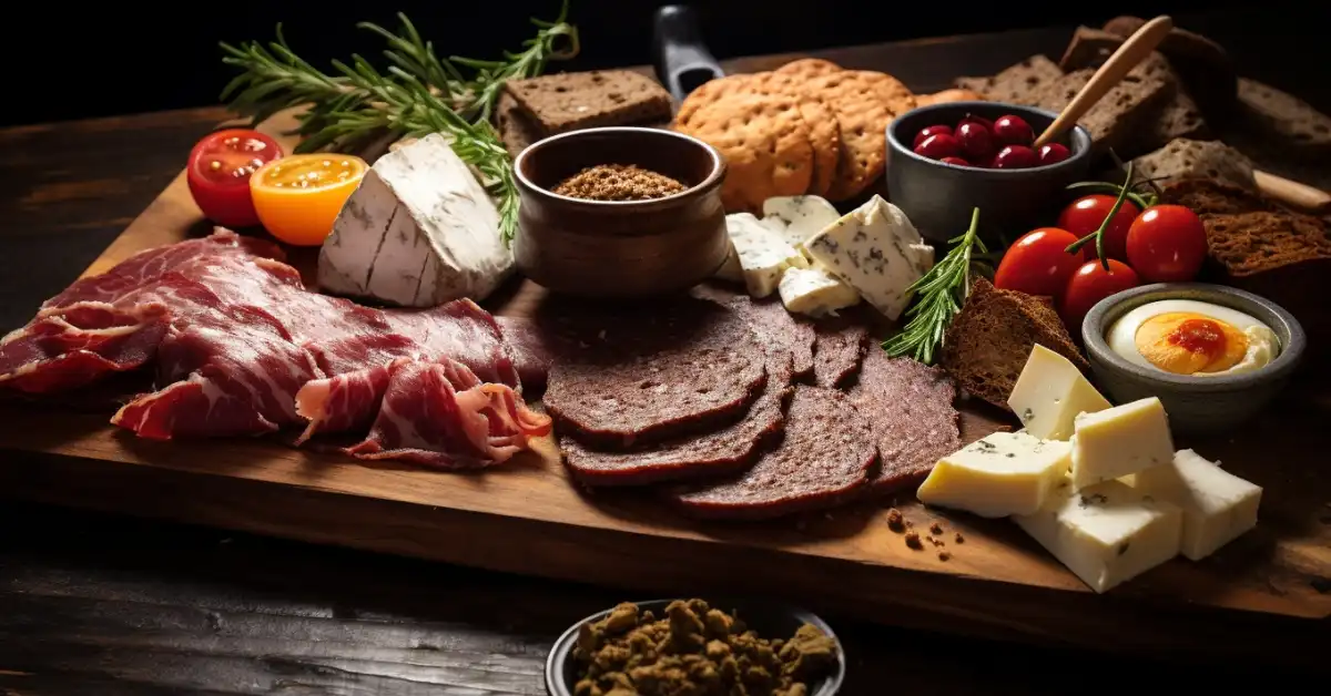 An artisan platter with cured meats, artisan cheeses, fresh tomatoes, boiled eggs, and herbs, perfect for a carnivore diet.