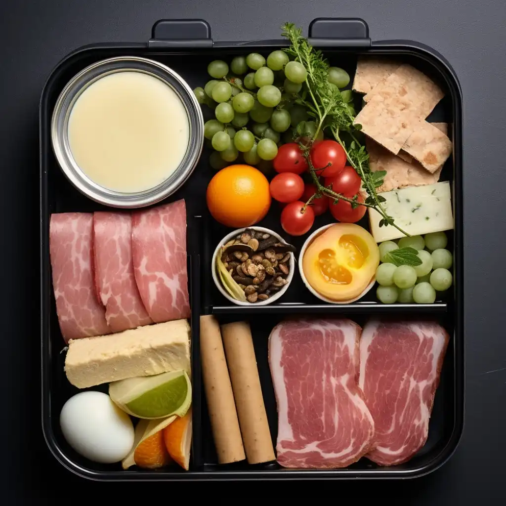 A bento box with sliced deli meats, boiled eggs, cheese blocks, fresh vegetables, and mixed nuts, ideal for carnivore diet snacks.