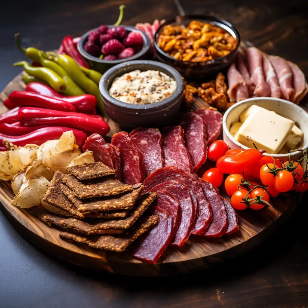 A wooden charcuterie board featuring sliced cured meats, assorted cheeses, crackers, roasted nuts, and fresh vegetables, ideal for carnivore diet snacks.
